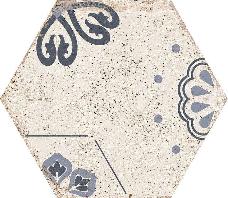 Castellon Hexagon Porcelain Tile: 9-inch Design in Nora Azul - Tile  