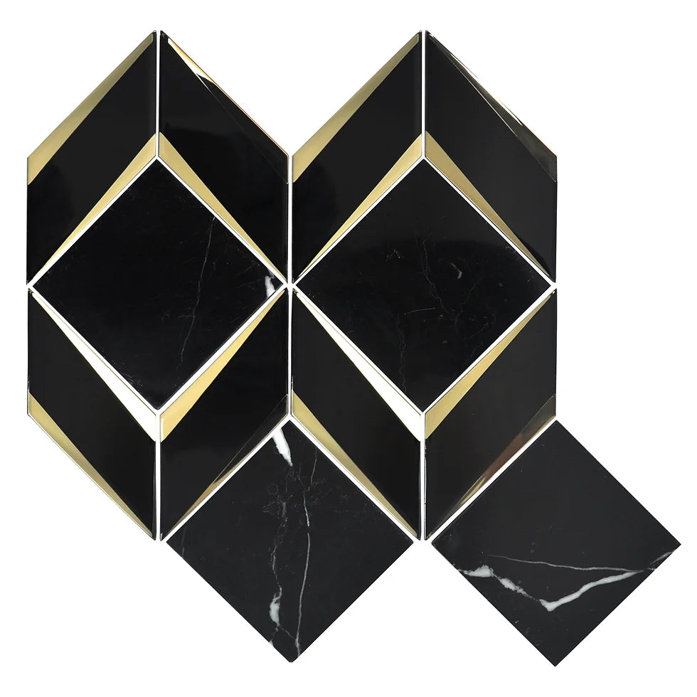 Obsidian Shine Mosaic Tile – 12”x12” Black Marble and Glass Geometric Design for Bold Spaces.