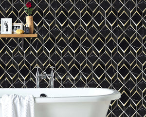 Bathroom wall showcasing Obsidian Shine Dark and reflective black marble and glass for dramatic, bold interiors.