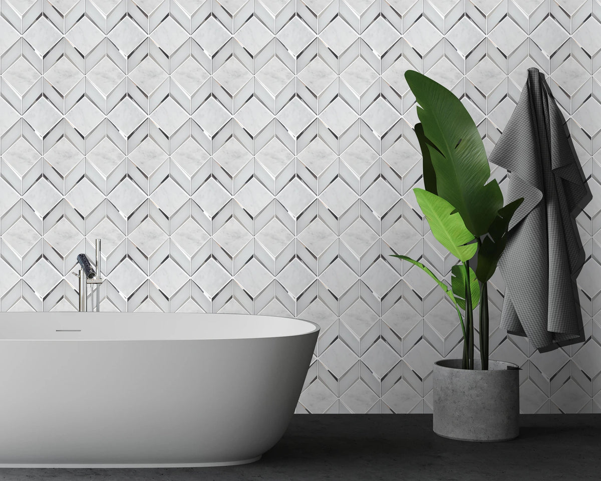 Central Park Luminous Frost marble and glass mosaic installed on a bright bathroom wall.
