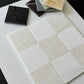 White Onyx and Bianco Dolomite checkerboards pattern with alternative color tile options on a flat surface.
