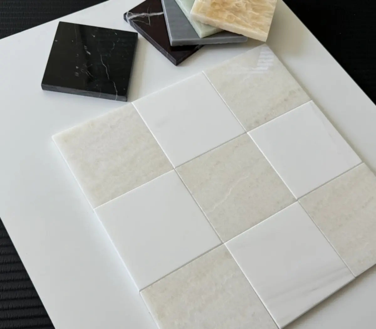White Onyx & Bianco Dolomite 6×6 polished natural-stone checkerboard tile pattern.