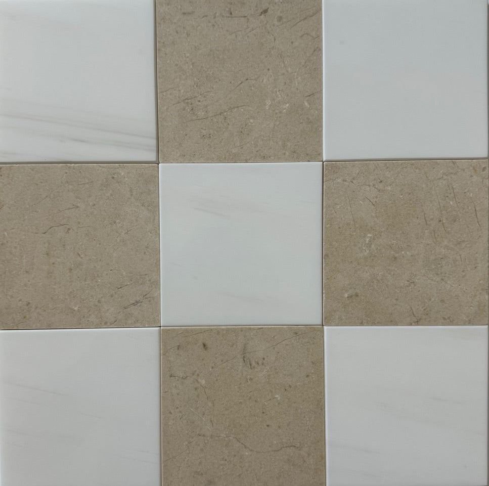 crema marfil marble and bianco dolomite marble mix tiles, checkerboard collection