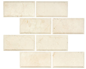 Crema Marfil polished 3 x 6 deep beveled subway marble tile for elegant kitchen backsplashes and bathroom walls.