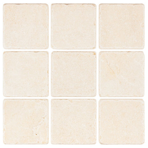 Crema Marfil marble 4×4 square tile with a tumbled finish.