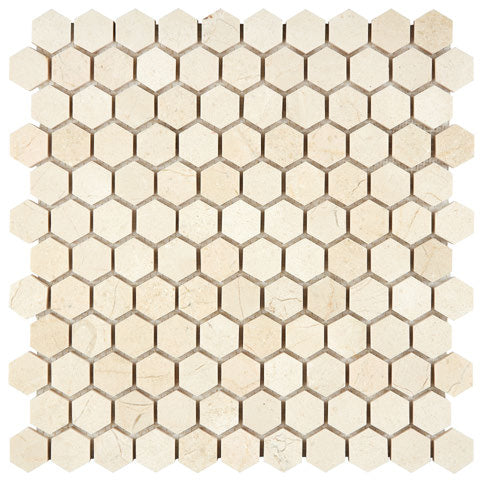 Crema Marfil honed 1-inch hexagon mosaic tile for modern shower walls and decorative accents.