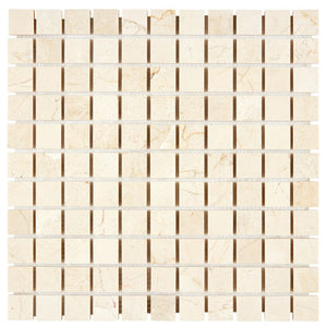 Crema Marfil 1×1 square mosaic image whose filename identifies a tumbled finish not offered by this product.