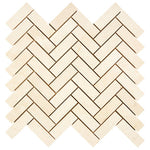 Crema Marfil honed 1 x 3 herringbone mosaic tile for modern shower walls and decorative accents.