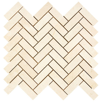 Crema Marfil honed 1 x 3 herringbone mosaic tile for modern shower walls and decorative accents.