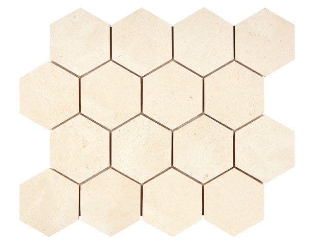 Crema Marfil honed 3-inch hexagon mosaic tile for modern shower walls and decorative accents.