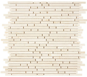 Crema Marfil bamboo sticks mosaic close-up in a warm beige linear pattern.