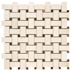 Crema Marfil basketweave mosaic with Emperador Dark dots.