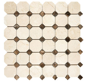 Crema Marfil polished octagon mosaic with Emperador Dark dots.