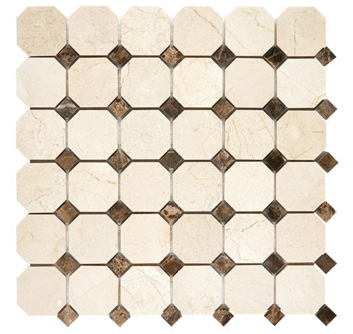 Crema Marfil polished octagon mosaic with Emperador Dark dots.