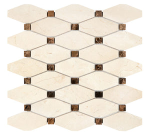 Crema Marfil elongated hexagon mosaic with Emperador Dark dots.