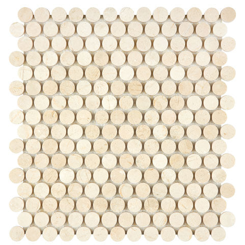 Crema Marfil polished penny round marble mosaic for elegant kitchen backsplashes and bathroom walls.