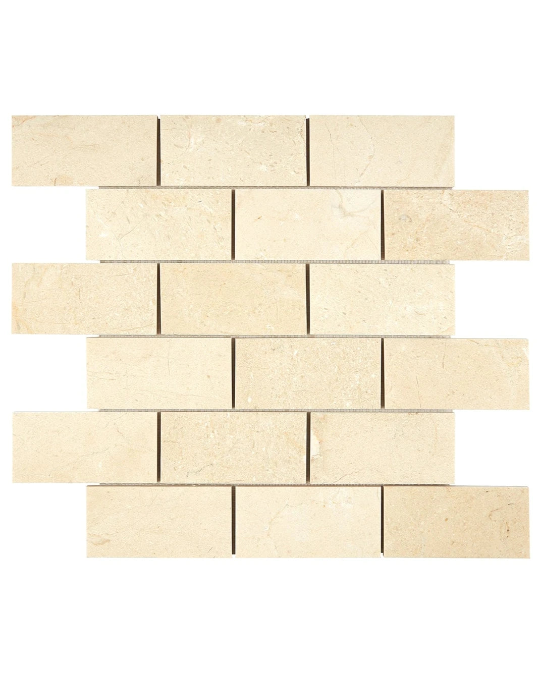 Crema Marfil 2×4 brick marble mosaic in polished or honed finish.