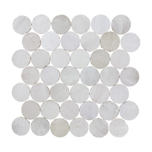 White circular hand-made zellige mosaic tiles arranged in a pattern on a white background