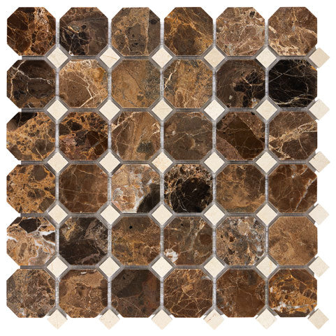 Emperador Dark marble polished octagon mosaic with beige accent dots.