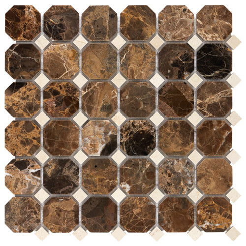 Emperador Dark marble polished octagon mosaic with beige accent dots.