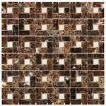 Emperador Dark polished pinwheel marble mosaic with beige dots for elegant kitchen backsplashes.