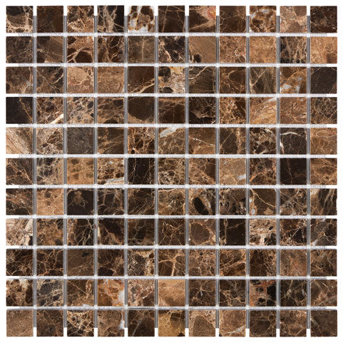 Emperador Dark tumbled 1 x 1 mosaic tile for rustic shower floors and decorative accents.