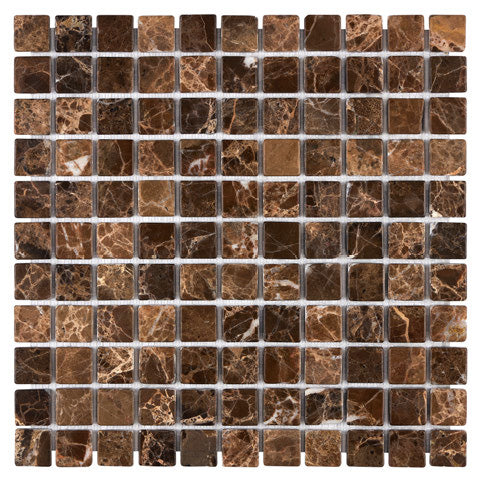 Emperador Dark polished 1 x 1 mosaic marble tile for elegant kitchen backsplashes and bathroom walls.
