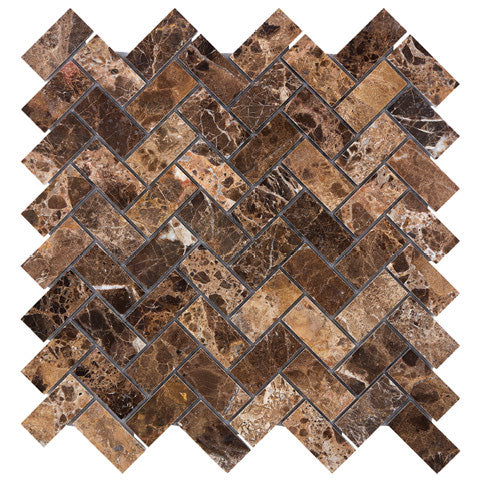 Emperador Dark polished 1 x 2 herringbone marble mosaic for elegant kitchen backsplashes and bathroom floors.