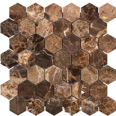 Emperador Dark tumbled 2-inch hexagon mosaic tile for modern shower floors and decorative accents.