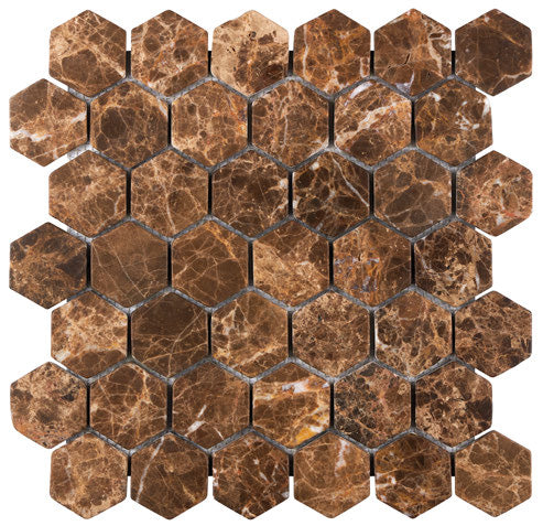Emperador Dark polished 2-inch hexagon marble mosaic for stylish kitchen backsplashes and bathroom walls.