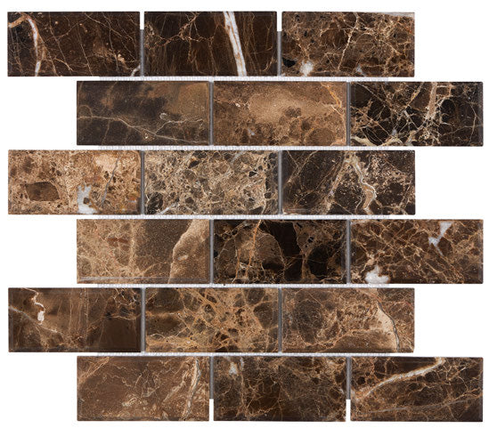 Emperador Dark tumbled 2 x 4 mosaic tile for rustic shower floors and decorative accents.