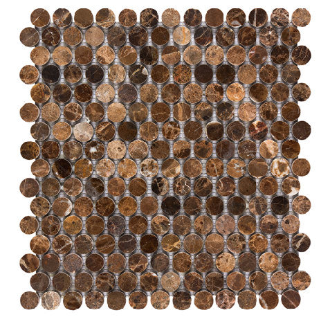 Emperador Dark tumbled penny round mosaic tile for modern shower walls and decorative accents.