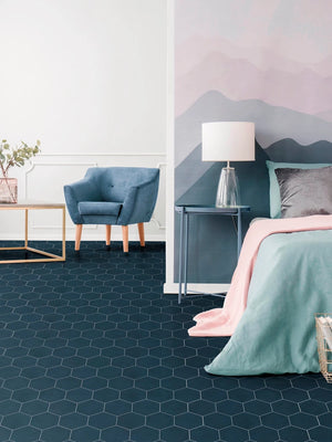 Fez Collection bedroom floor with Solid Azure drift hexagon tiles