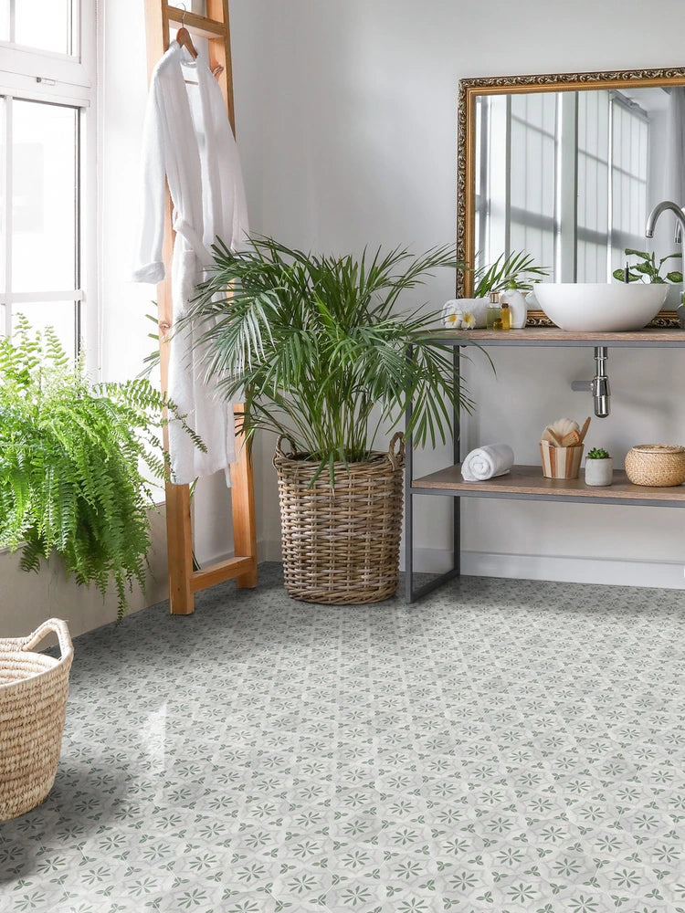 Fez Jade Oasis Deco porcelain hexagon tile installed on a bathroom floor.
