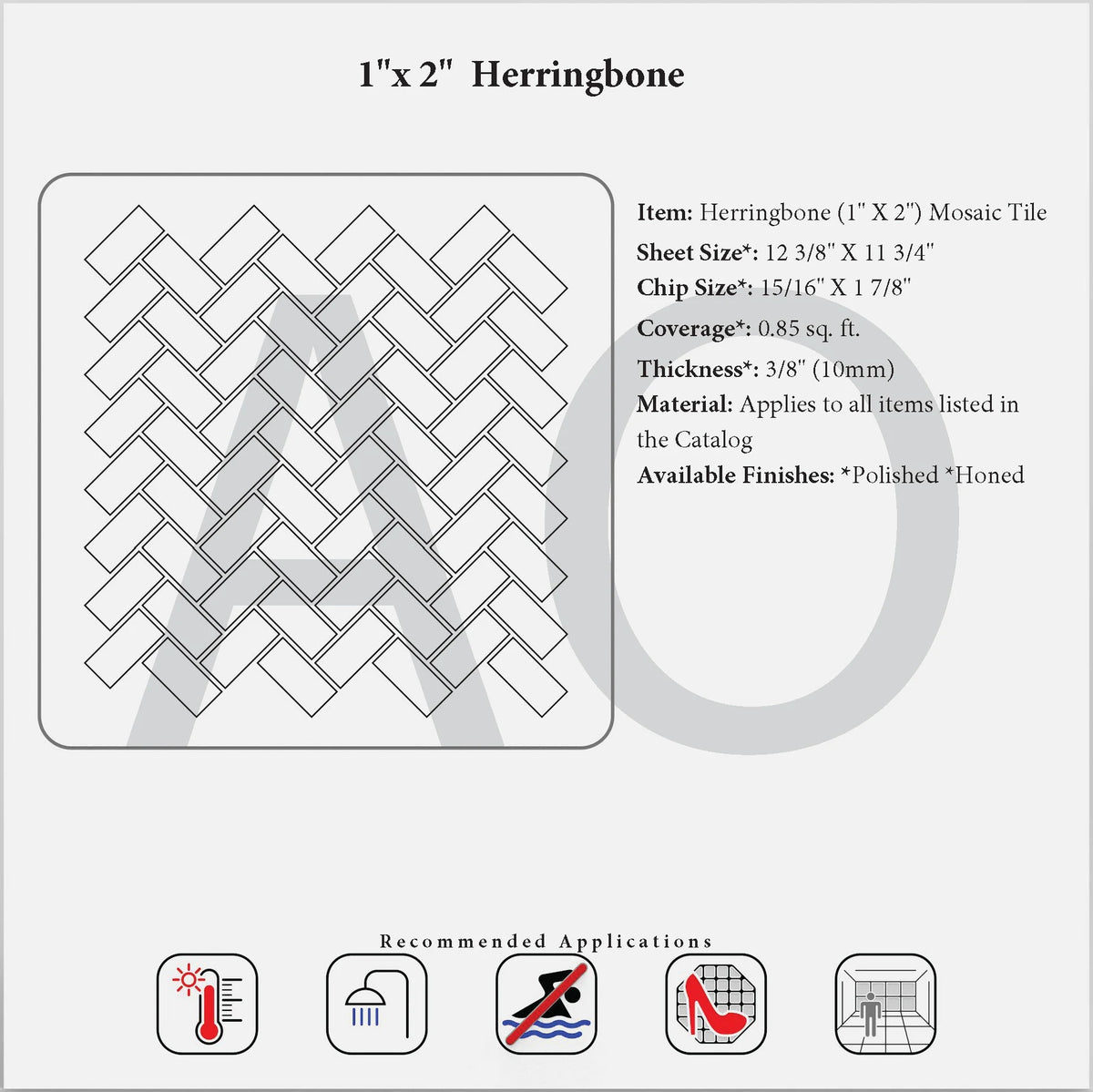 Generic 1×2 herringbone mosaic specification reference; this product is offered only in Polished.