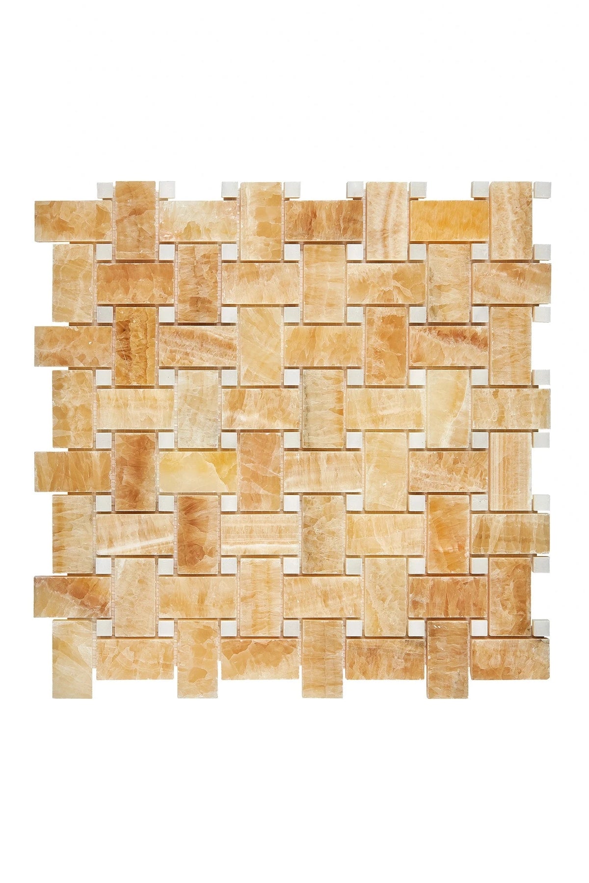 Honey Onyx polished basketweave mosaic with white onyx dots.