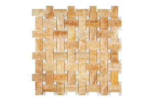 Honey Onyx Stone Basketweave with White Dots Mosaic Tile Polished