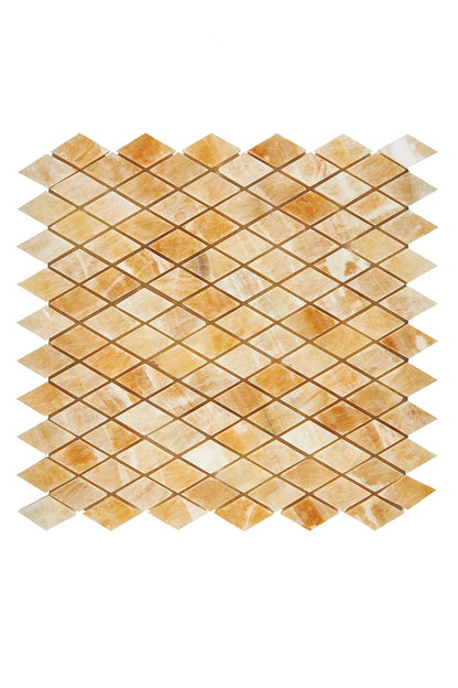 Honey Onyx Diamond Mosaic Tile - Polished Finish with Warm Golden Veining, Ideal for Luxurious Wall and Floor Applications