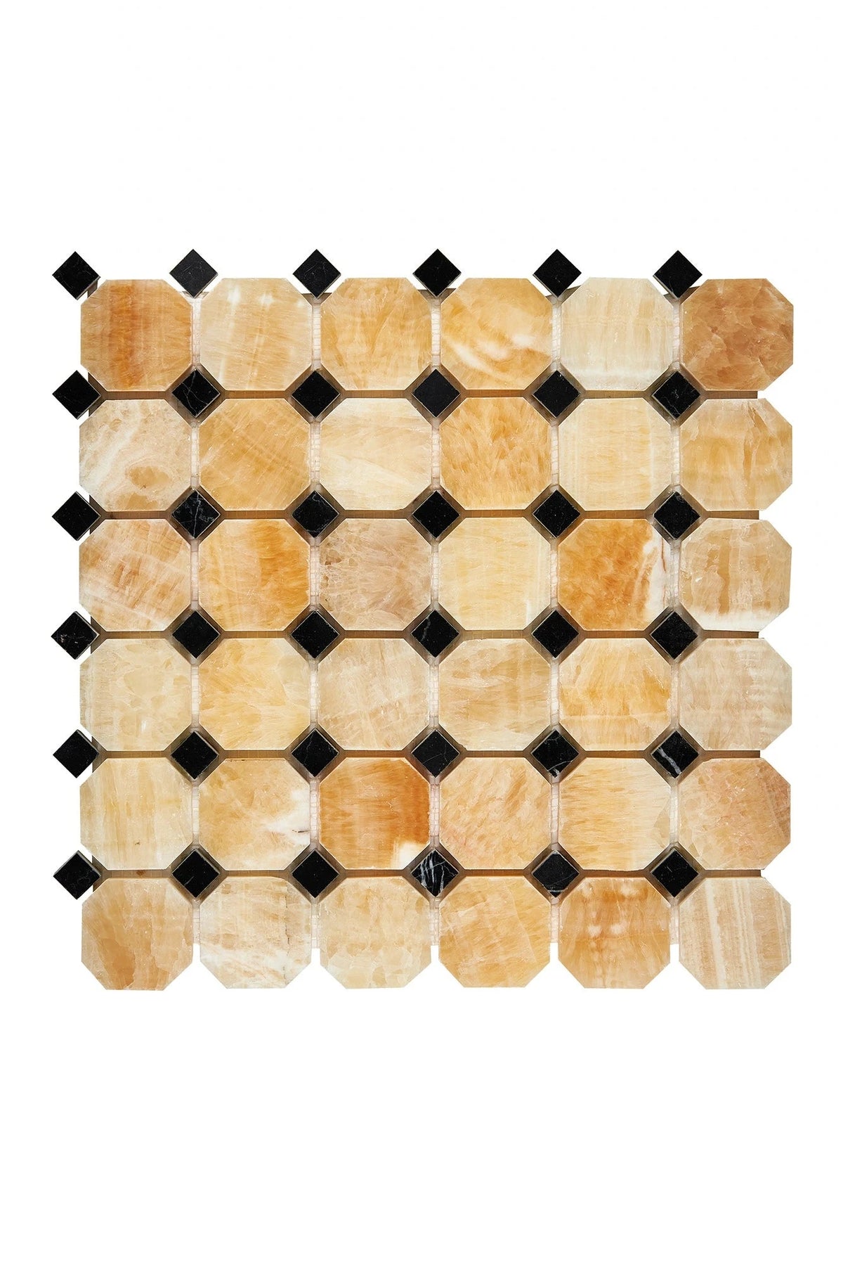 Honey Onyx polished octagon mosaic with black marble dots.