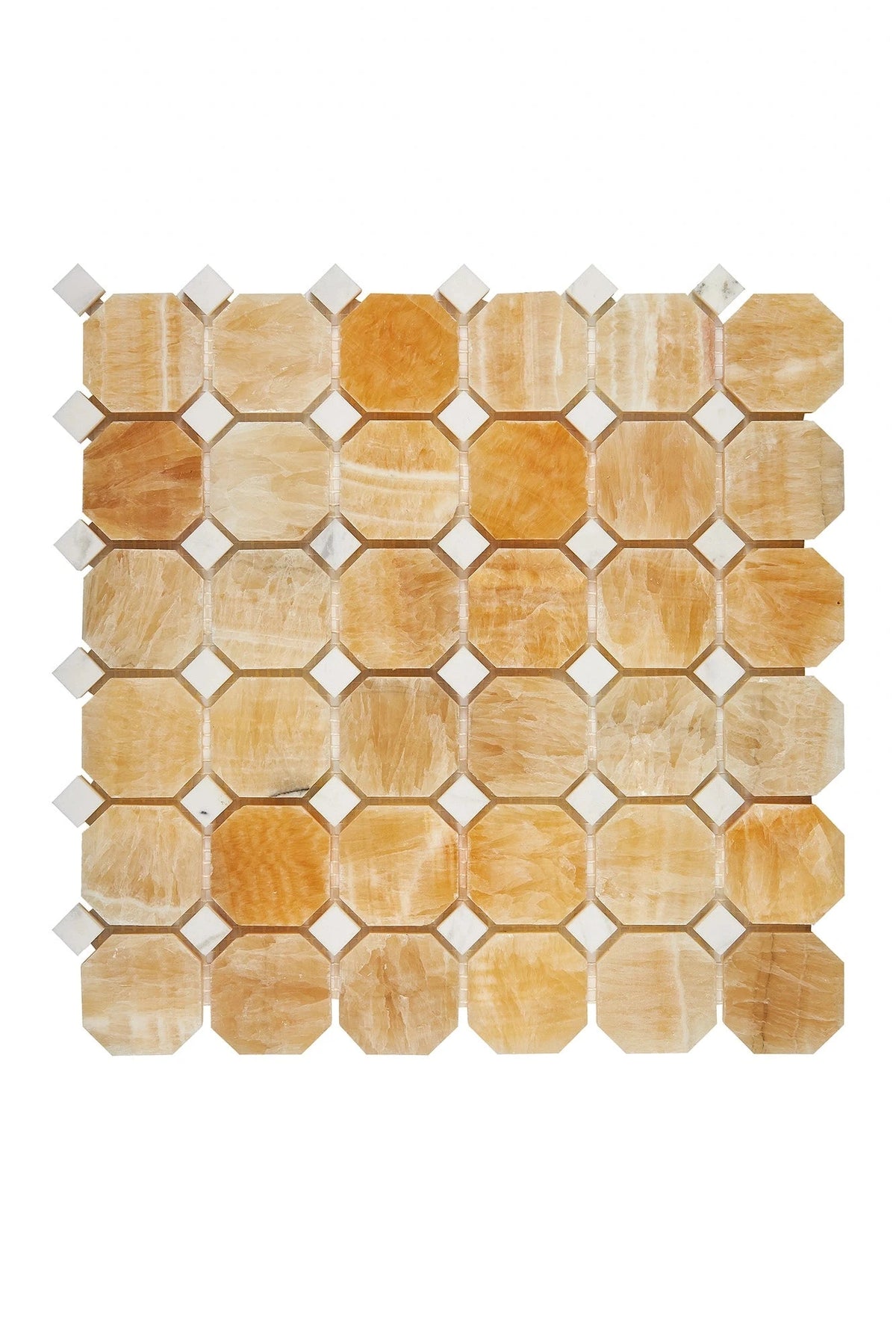 Honey Onyx polished octagon mosaic with white onyx dots.
