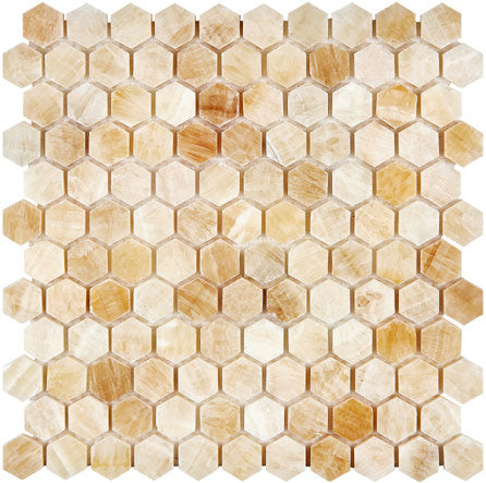 Honey Onyx polished 1-inch hexagon mosaic tile for elegant backsplashes and shower floors.