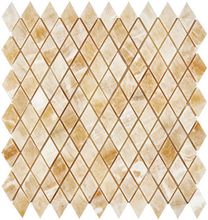 Honey Onyx polished 1 x 2 diamond mosaic tile for elegant kitchen backsplashes and shower walls.
