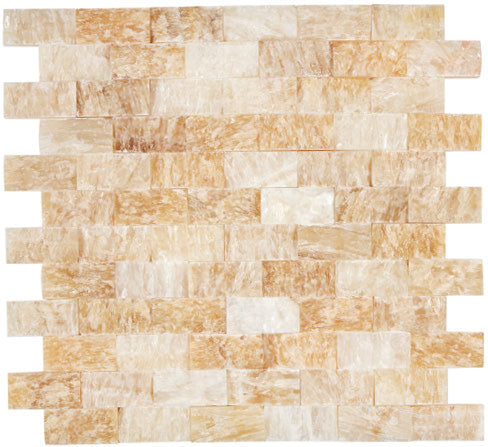 Honey Onyx polished 1 x 2 split face brick mosaic tile for elegant backsplashes and accent walls.