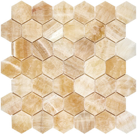 Honey Onyx polished 2-inch hexagon mosaic tile for elegant kitchen backsplashes and bathroom floors.