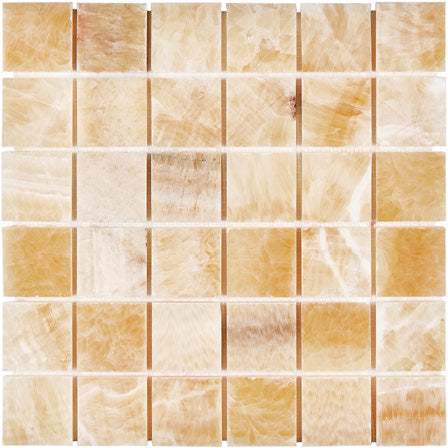 Honey Onyx polished 2 x 2 mosaic tile for elegant backsplashes and shower floors.