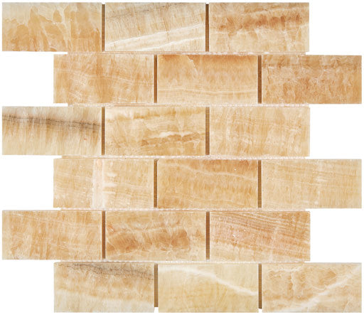 Honey Onyx polished 2 x 4 brick mosaic tile for elegant kitchen backsplashes and bathroom floors.