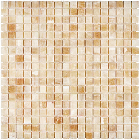 Honey Onyx polished 5/8 x 5/8 mosaic tile for elegant backsplashes and shower floors.