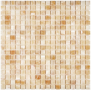 Honey Onyx polished 5/8 x 5/8 mosaic tile for elegant backsplashes and shower floors.