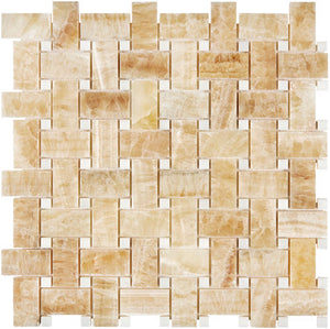 Honey Onyx polished basketweave mosaic tile with white dots for elegant kitchen backsplashes and bathroom floors.