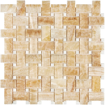 Honey Onyx polished basketweave mosaic with white onyx dots.